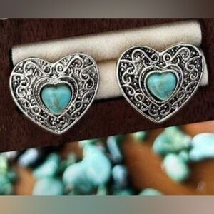Retro Antique Silver Heart Earrings with Turquoise Accents
